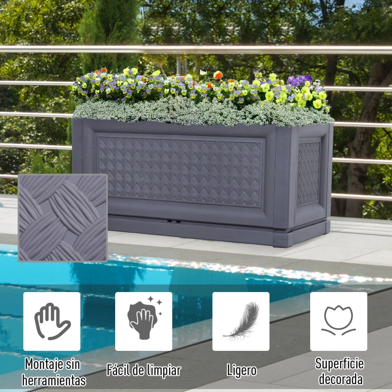 Outsunny Jardinera Plástica Maceta para Flores Rectangular con Agujeros de Drenaje y Profundidad Extra 60x30x29 cm Color: Gris