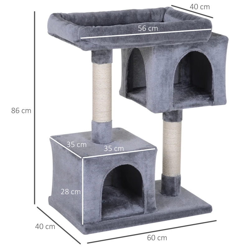 PawHut Árbol Rascador para Gatos Centro de Actividades para Mascotas con 2 Cajas Plataforma Cubierto de Felpa Suave Postes de Sisal Ecológico 60x40x86 cm Gris