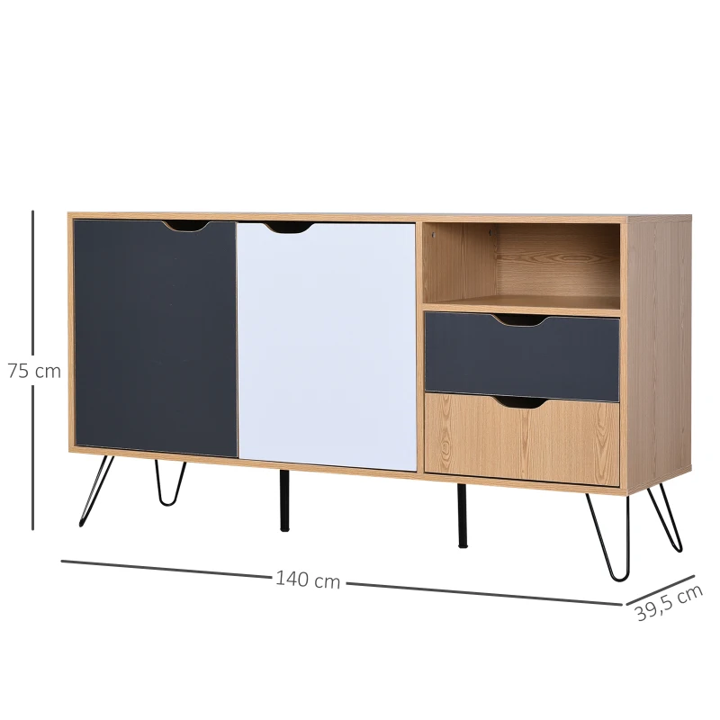 HOMCOM Aparador Auxiliar Gabinete Espacio Amplio para Almacenaje con 2 Cajones Estante Abierto Tablero de Partículas Natural 140x39,5x75cm