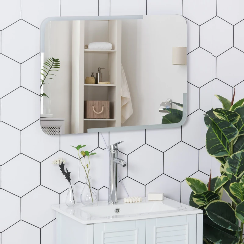 kleankin Espejo de Baño con Iluminación LED de Bajo Consumo Espejo de Pared con Botón Sensible al Tacto Impermeable 80x60x4 cm Plata