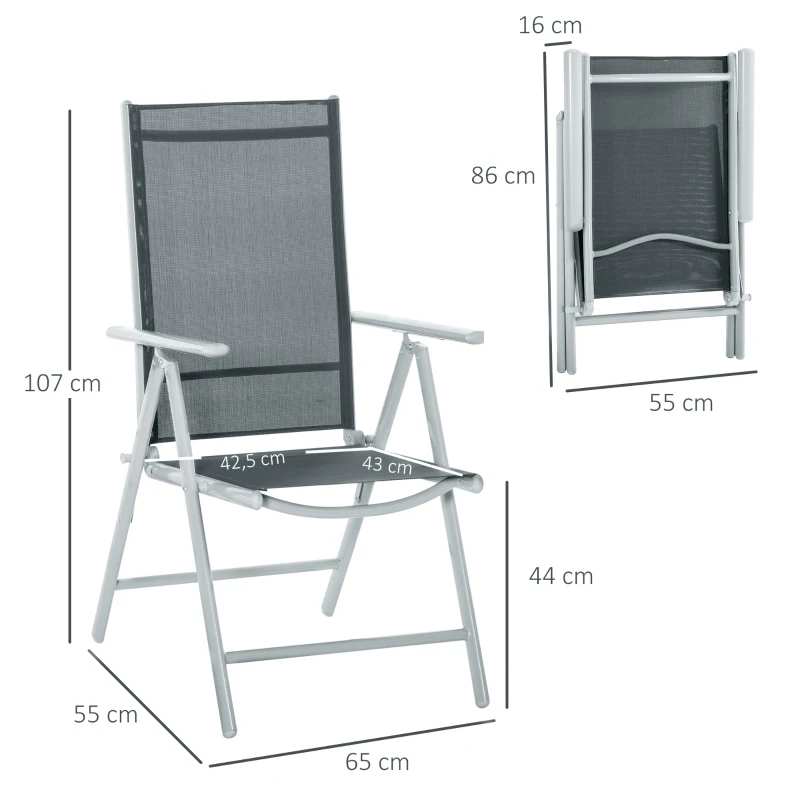 Outsunny Set de 2 Sillas de Comedor de Jardín Plegables de Aluminio con Respaldo Alto Ajustable de 8 Niveles y Reposabrazos Transpirable 65x55x107 cm Gris