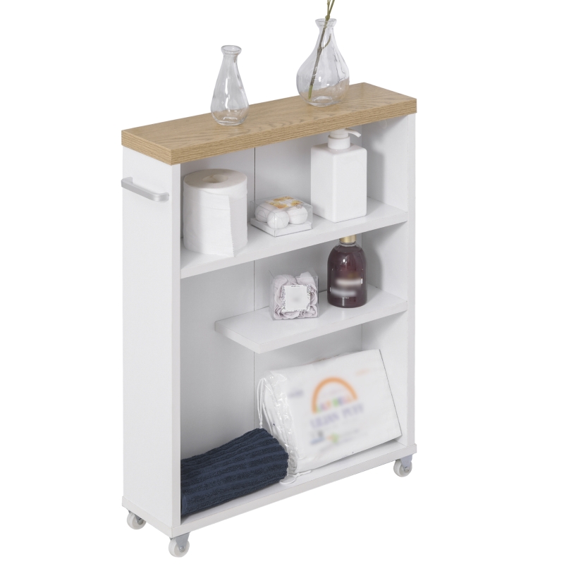 kleankin Armario Auxiliar de Baño Carrito de Almacenaje de 3 Estantes con Ruedas y Manija Lateral para Espacios Estrechos Cocina Dormitorio 50x13x67,5 cm Blanco