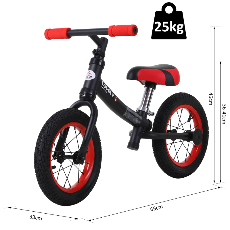 HOMCOM Bicicleta sin Pedales con Asiento Regulable en Altura 31-45cm para Niños mayores de 2 Años Ruedas de Goma Carga 25kg 65x33x46cm Negro