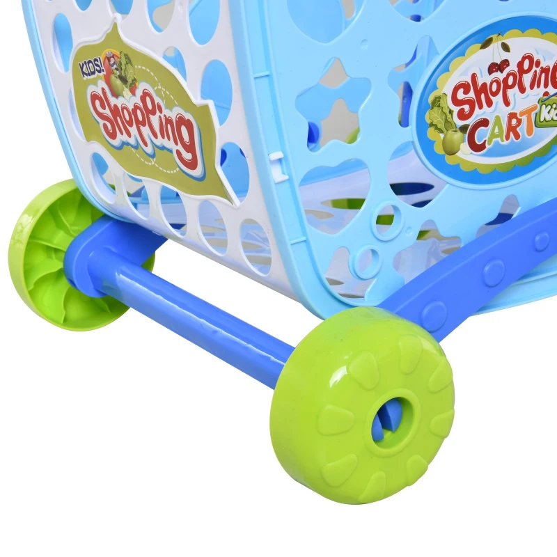 HOMCOM Set de Carrito de Compras para Niños Mayores de 3 Años Juego de Roles Educativo Juguete Infantil con 38 Piezas 41,5x33,5x48,5 cm Azul