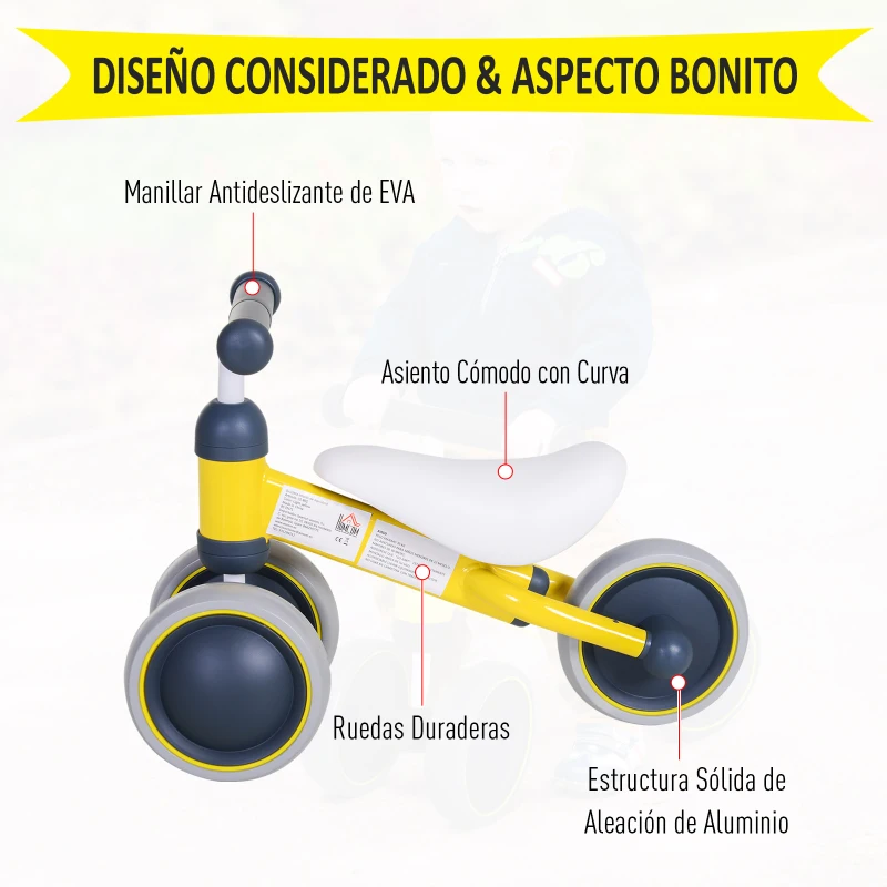 HOMCOM Correpasillos Compacto sin Pedales con Sillón Cómodo Estructura de Aluminio Soporta hasta 20kg 47x19x35cm Amarillo