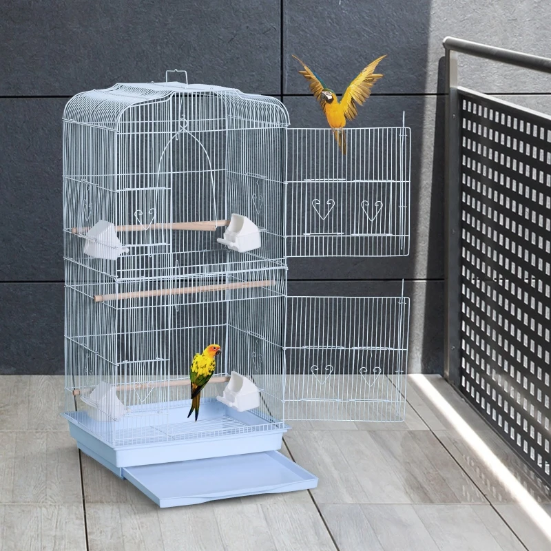 PawHut Jaula para Pájaros Pajarera con 2 Puertas 4 Comederos y 3 Perchas Columpio Asa de Transporte para Loro Canario Periquito Marco Metálico 47,5x36x91 cm Blanco