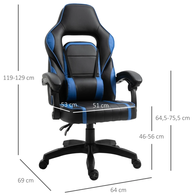 Vinsetto Silla de Oficina Ergonómica Ajustable en Altura Reclinable hasta 135° Silla Gaming Racing con Respaldo Alto Reposabrazos Regulable Asiento Acolchado 64x69x119-129 cm Azul