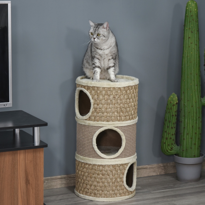 PawHut Tonel Rascador para Gatos con 3 Niveles Barril de Rascado con Plataforma Cama Cómoda 37,5x37,5x70 cm Marrón Claro y Beige