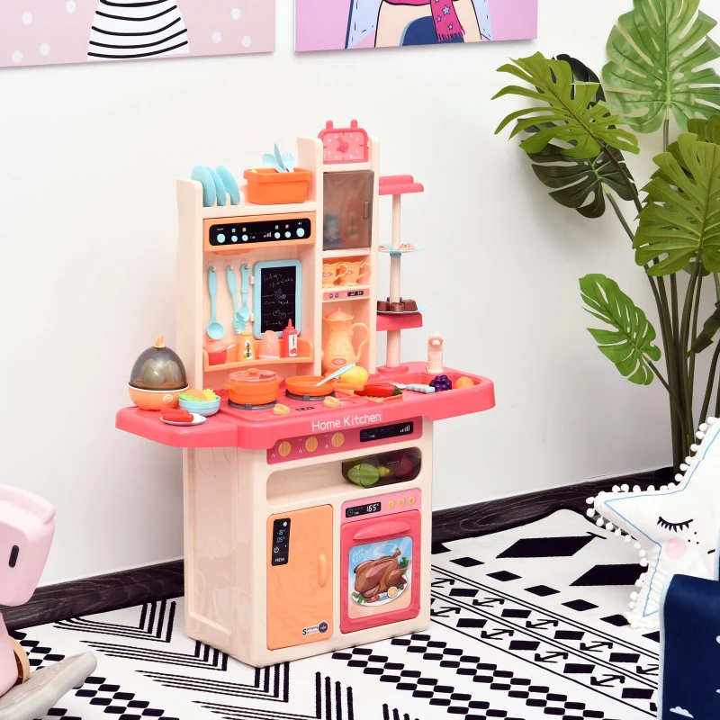 HOMCOM Cocinita para Niños con Luces Música Absoluta Funciones de Agua Cocina de Juguete Infantil 65 Piezas Alimentos Cubiertos +3 Años 71x28,5x93,5 cm Rosa