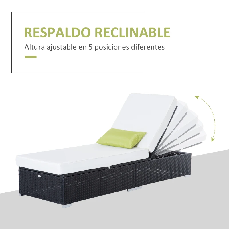 Outsunny Tumbona Negro Crema Ratan Aluminio 1 Tumbona de Jardin+1 Almohada 195 x 68 x 31 cm