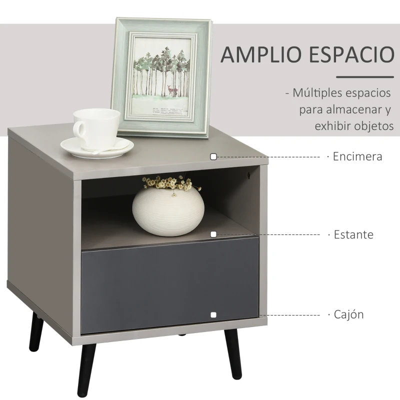 HOMCOM Mesita de Noche Mesita Auxiliar con 1 Cajón Estante Abierto y Patas de Metal Elegante Minimalista para Dormitorio Salón 40x40x45 cm Gris