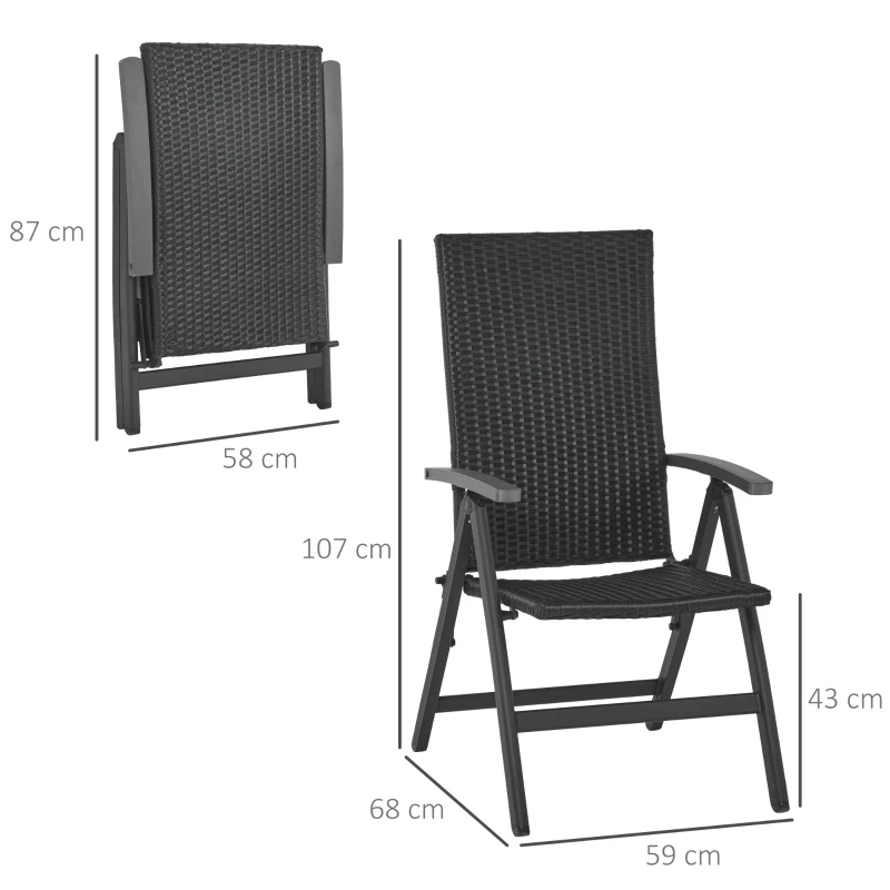 Outsunny Silla Plegable de Ratán con 5 Posiciones Silla Reclinable de Aluminio para Jardín Balcón Terraza Exterior Carga 160 kg 59x68x107 cm Negro