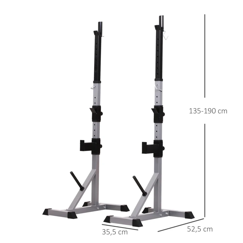 HOMCOM Soporte para Barras de Pesas Ajustable Estante Multifuncional 2 Piezas de Acero Carga 200 kg Entrenamiento para Gimnasio Casa 105x71x135-190 cm Plata y Negro