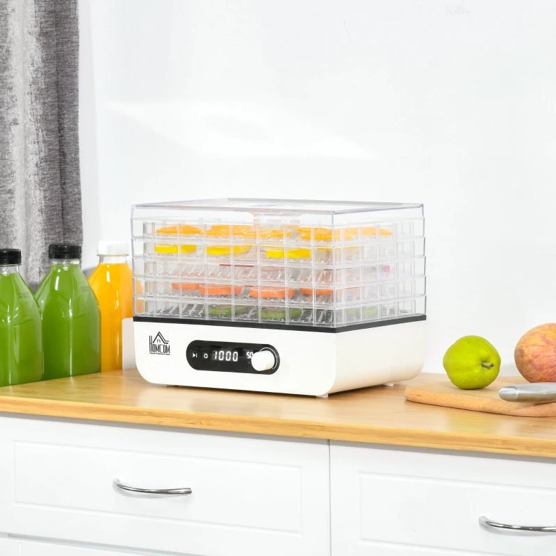 HOMCOM Deshidratador de Alimentos 400W con 5 Bandejas Pantalla LCD Temperatura Ajustable 35-70 ℃ y Temporizador de 72 Horas para Verduras Frutas Carne sin BPA 29x19x21,5 cm Blanco