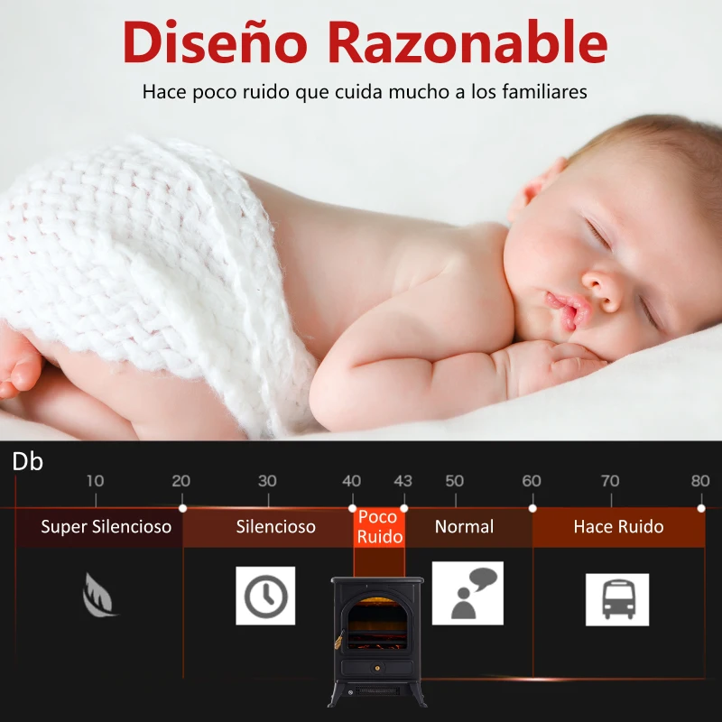 HOMCOM Chimenea Eléctrica Móvil Calefactor Estufa Eléctrica con Termostato 900W/1800W Efecto Fuego LED Temperatura Ajustable 41.5x28x54cm Acero