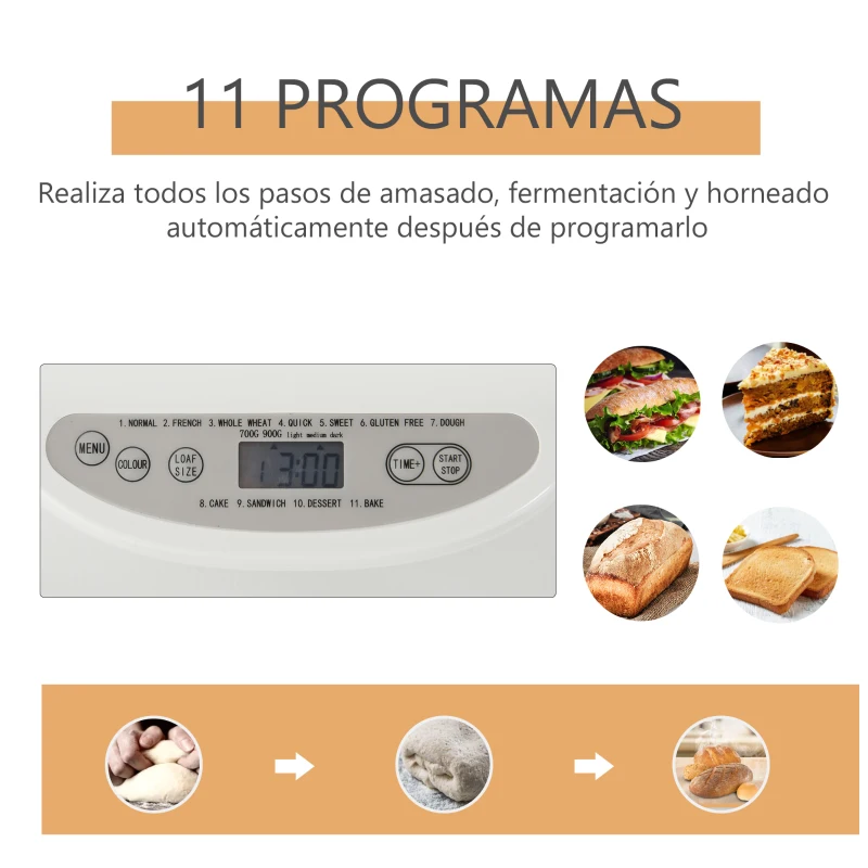 HOMCOM Panificadora Automática con 11 Programas para Pan y Dulces con Pantalla LCD Temporizador Programable Inicio 13 Horas Acero Inoxidable 29,6x23,3x29,2 cm Blanco