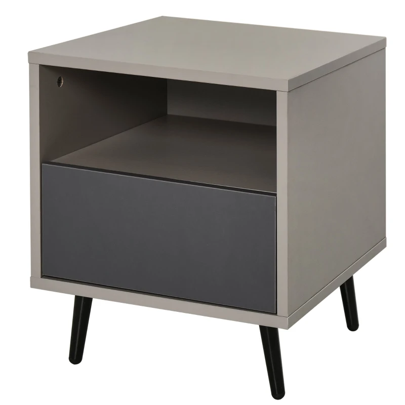 HOMCOM Mesita de Noche Mesita Auxiliar con 1 Cajón Estante Abierto y Patas de Metal Elegante Minimalista para Dormitorio Salón 40x40x45 cm Gris