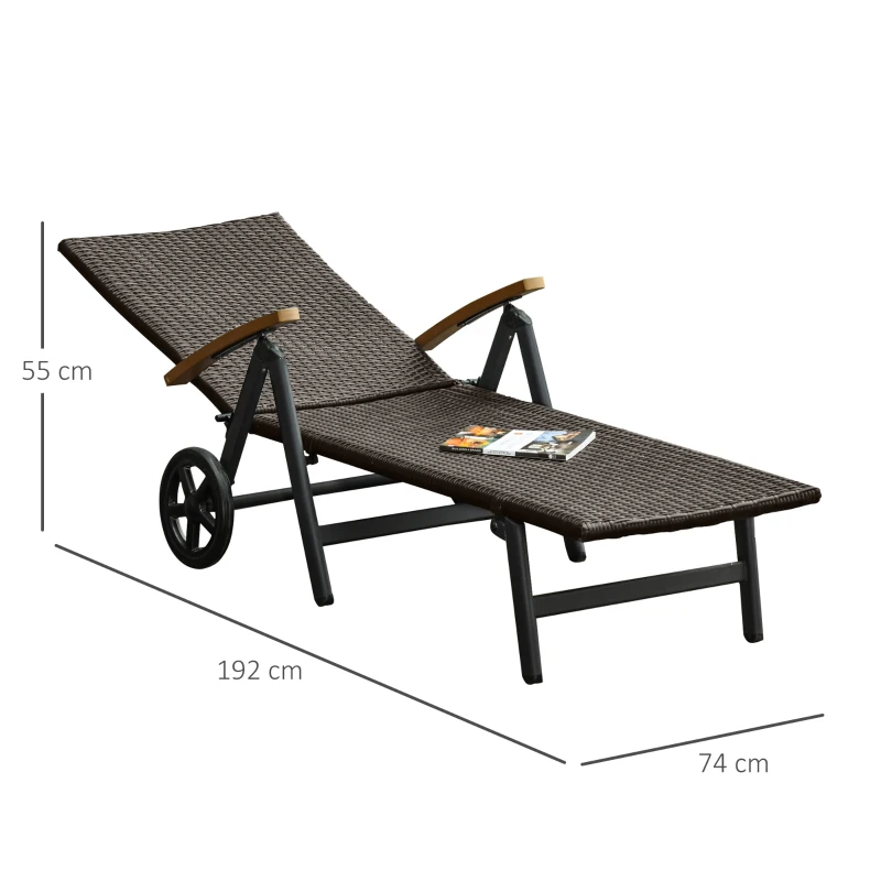 Outsunny Tumbona de Jardín de Ratán 192x74x55 cm con Respaldo Reclinable en 7 Posiciones Reposabrazos y Ruedas Marco de Aluminio para Patio Terraza Balcón Marrón
