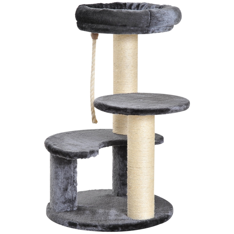 PawHut Árbol Rascador para Gato con 3 niveles y Cuerda Colgante Plataformas en Felpa y Postes con Cuerda de Sisal Natural 40x65cm(DxAl) Gris