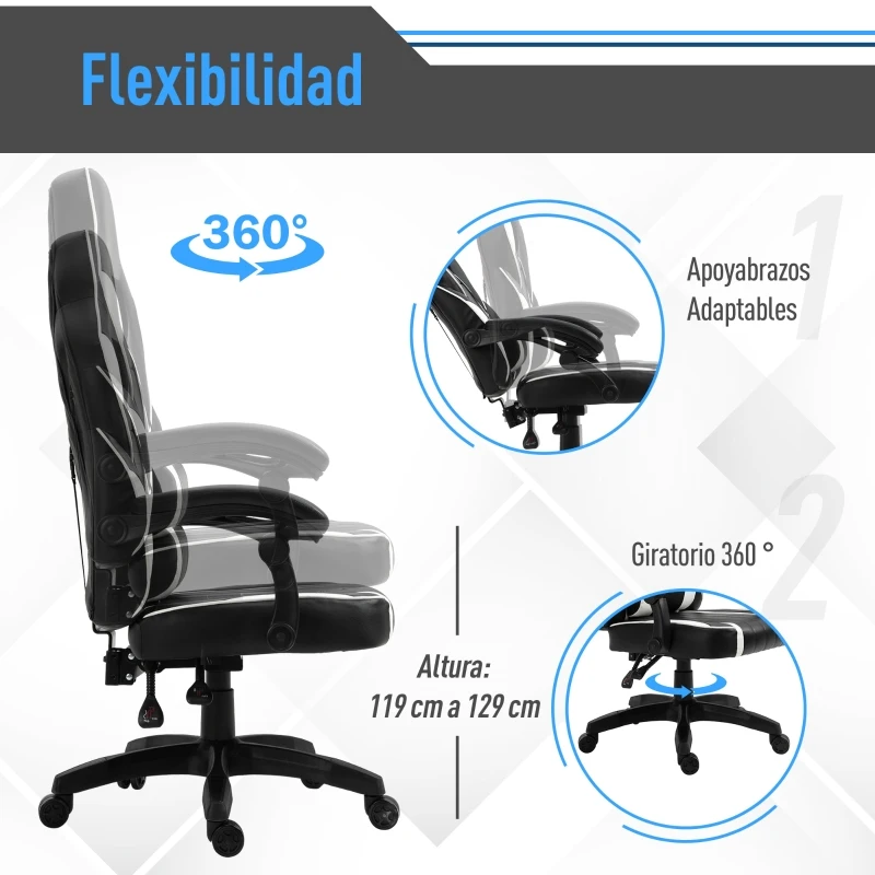 Vinsetto Silla de Oficina Ergonómica Ajustable en Altura Reclinable hasta 135° Silla Gaming Racing con Respaldo Alto Reposabrazos Regulable Asiento Acolchado 64x69x119-129 cm Blanco