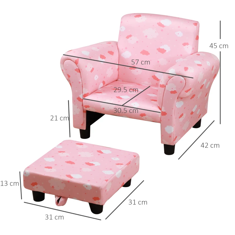 HOMCOM Kids Armchairs Children Sofa with Foot Stool Kids Sofa Durable Polyester Upholstered Cute Cloud Star Pattern Armchair W/Footrest - Pink