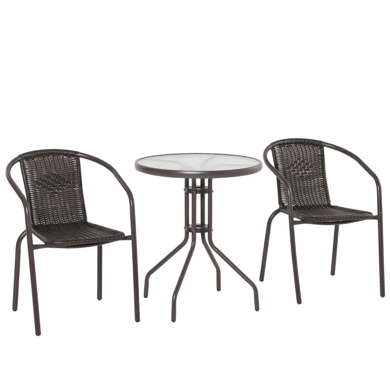Outsunny Conjunto de Muebles de Jardín Ratán Set de 2 Sillas 58x54x73 cm y 1 Mesa Redonda de Vidrio Templado Ø60x70 cm Marco de Acero para Patio Terraza Balcón Marrón