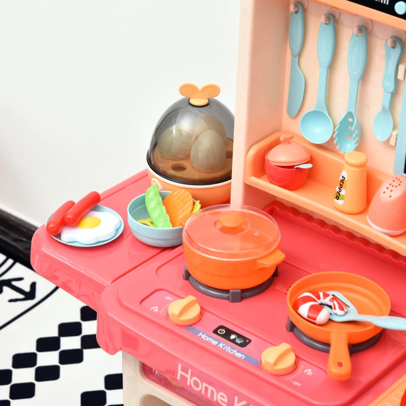 HOMCOM Cocinita para Niños con Luces Música Absoluta Funciones de Agua Cocina de Juguete Infantil 65 Piezas Alimentos Cubiertos +3 Años 71x28,5x93,5 cm Rosa