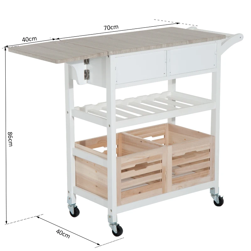 HOMCOM Carro de Cocina Carrito de Servir Carrito Auxiliar con Botellero con Tablero Extensible Botellero Cestas Extraíble 70x40x86cm Madera