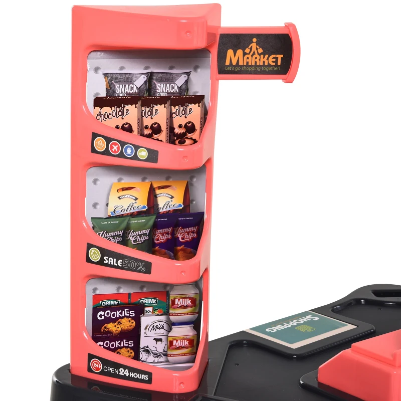 HOMCOM Juguetes de Supermercado para Niños de +3 Años Juego de Imitación de 52 Piezas con Carrito de Compra Sonido y Luz Lector de Tarjetas de Crédito 53x34x79cm Verde