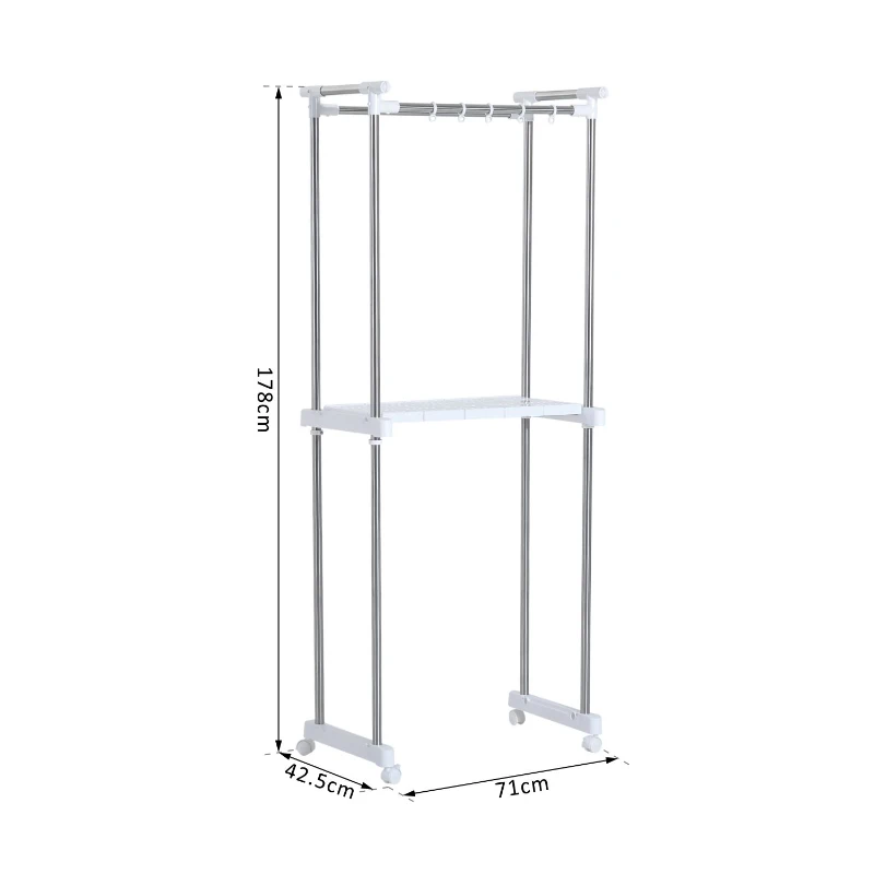 HOMCOM Estantería para Lavadora con Ganchos Ruedas y Estante tipo Mueble de Baño 71x42.5x178cm Color Blanco y Acero Inox.