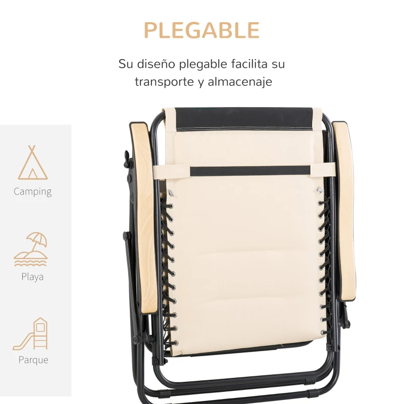 Outsunny Tumbona Plegable y Reclinable de Acero con Portavasos Reposacabezas Extraíble y Reposabrazos para Exterior Jardín 90x75x110 cm Beige
