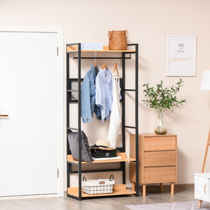 HOMCOM Perchero con Estantería Armario Ropero con Múltiples Estantes y Barra Colgadora para Pasillo Entrada Dormitorio 80x40x190 cm Negro Madera Natural