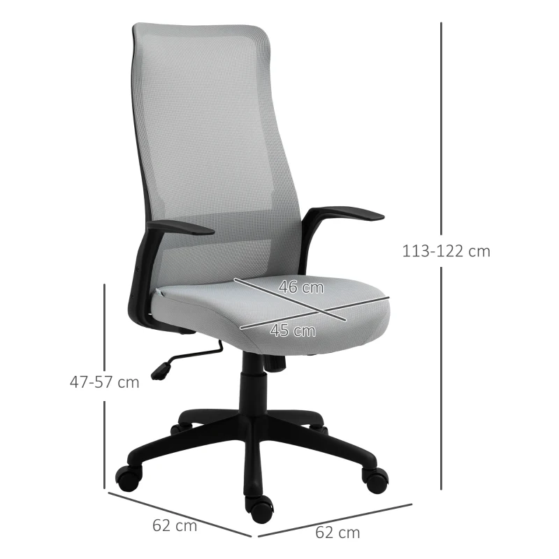 Vinsetto Silla de Oficina Ergonómica Silla Escritorio Giratoria con Altura Ajustable Reposabrazos Soporte Lumbar y Respaldo Alto Transpirable 62x62x113-122 cm Gris