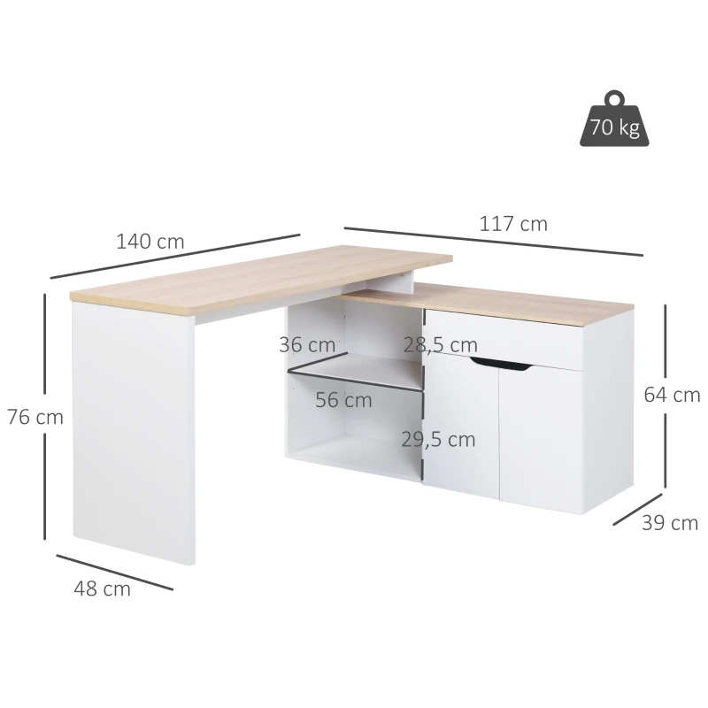 HOMCOM Mesa Escritorio Múltiples Posiciones Mesa de Ordenador Esquinera Forma de L con Cajón Estantes Abiertos Armario 140x117x76 cm Blanco y Madera