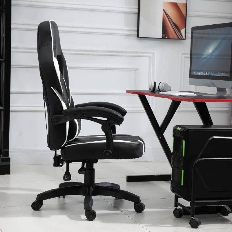 Vinsetto Silla de Oficina Ergonómica Ajustable en Altura Reclinable hasta 135° Silla Gaming Racing con Respaldo Alto Reposabrazos Regulable Asiento Acolchado 64x69x119-129 cm Blanco