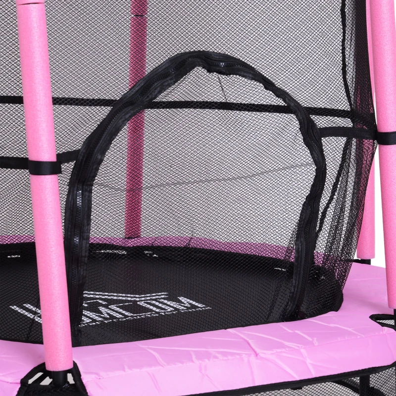 HOMCOM Cama Elástica Infantil Trampolín para Niños con Red Protectora Puerta con Cremallera +3 Años para Interiores y Exteriores Marco Acero 140x140x158 cm Rosa
