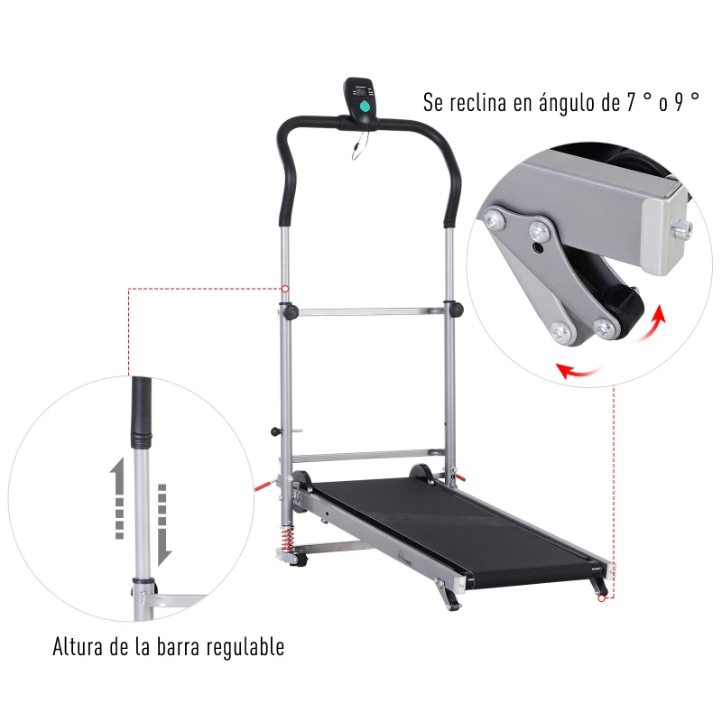 HOMCOM Cinta de Andar Manual Caminadora Plegable Portátil Pantalla LCD 2 Ángulos Reclinables Carga 110kg Altura 112-129cm