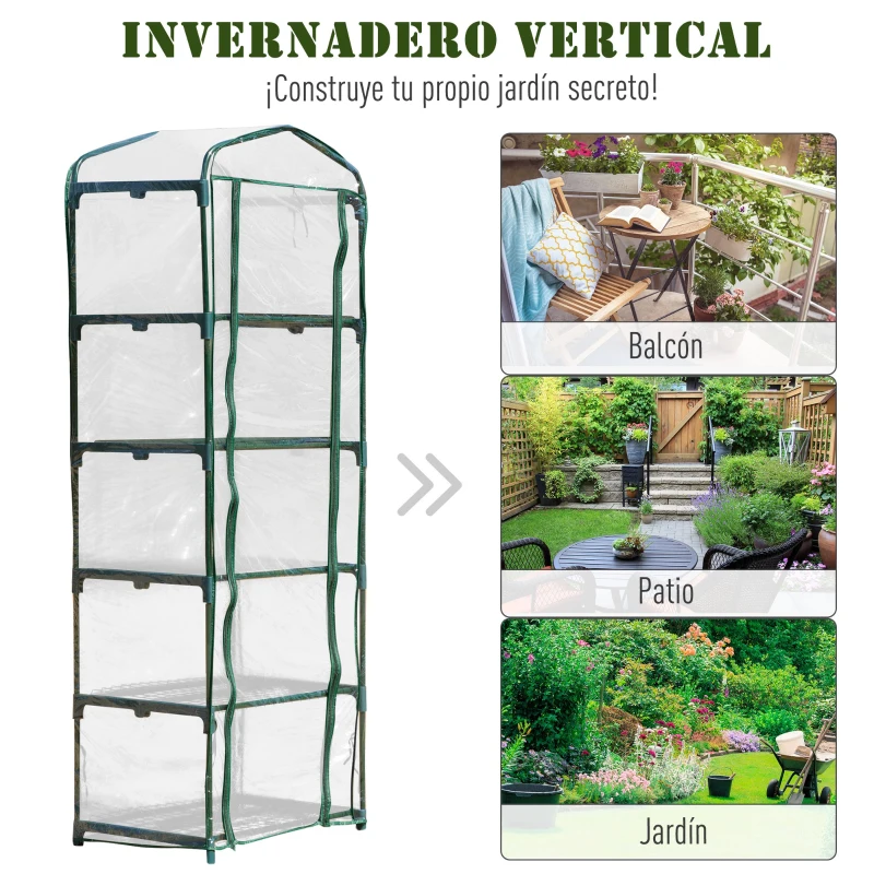 Outsunny Invernadero de Jardín Vertical 69x49x193cm con 5 Estantes Vivero Casero para Plantas y Cultivos con Cubierta Transparente PVC y Acero Verde