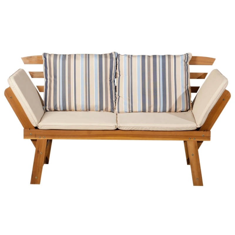 Outsunny Tumbona de Jardín con Cojín Banco para Jardín Convertible en Cama Sofá Madera de Acacia Diván para Exterior Patio Terraza 153x62x85.5cm