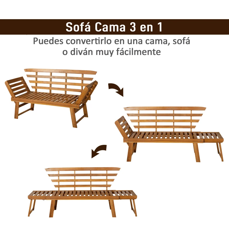 Outsunny Tumbona de Jardín con Cojín Banco para Jardín Convertible en Cama Sofá Madera de Acacia Diván para Exterior Patio Terraza 153x62x85.5cm