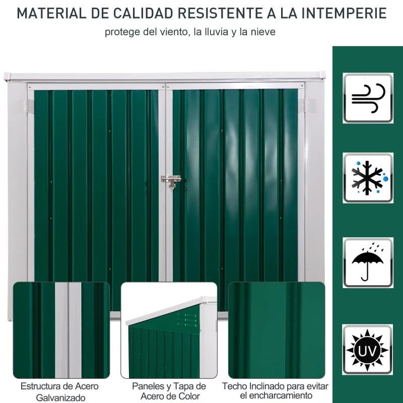 Outsunny Cobertizo de Jardín Exterior para 2 Contenedores de Basura Caseta de Herramientas con Tapa de Elevación Neumática Acero 173x100x134/114 cm Verde