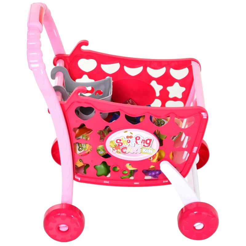HOMCOM Set de Carrito de Compras para Niños Mayores de 3 Años Juego de Roles Educativo Juguete Infantil con 38 Piezas 41,5x33,5x48,5 cm Rosa