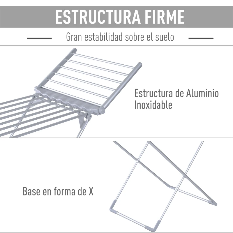 HOMCOM Tendedero Eléctrico Plegable con Alas Secador de Ropa Tendedero de Pie 8 Barras Base en Forma X Extensible 149x54x92cm Aluminio