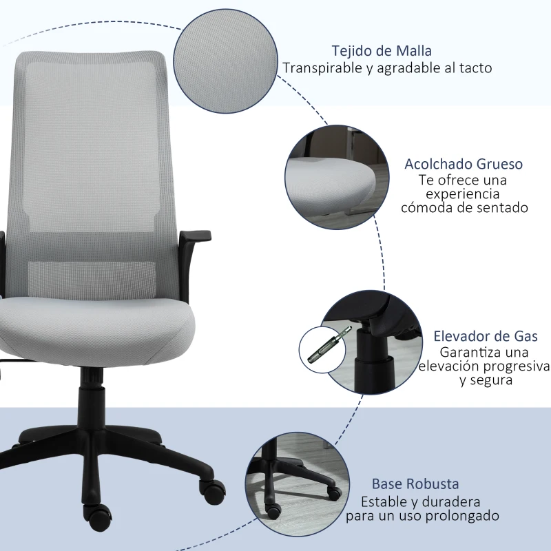 Vinsetto Silla de Oficina Ergonómica Silla Escritorio Giratoria con Altura Ajustable Reposabrazos Soporte Lumbar y Respaldo Alto Transpirable 62x62x113-122 cm Gris