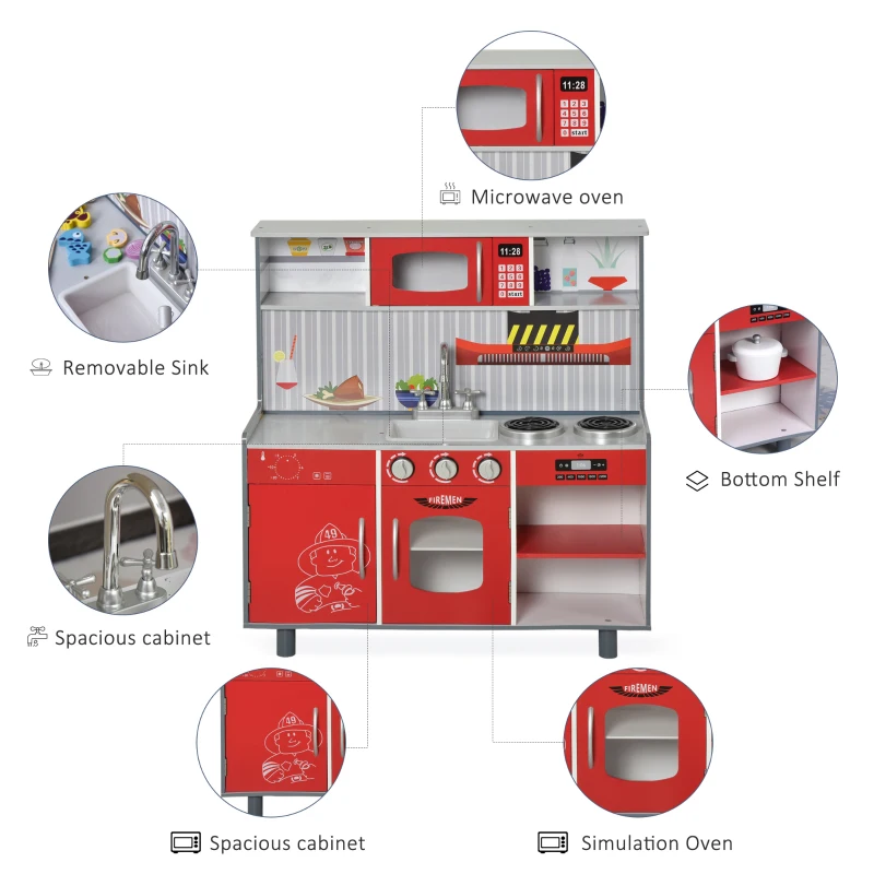 HOMCOM Kids Pretend Play MDF Kitchen Set Red