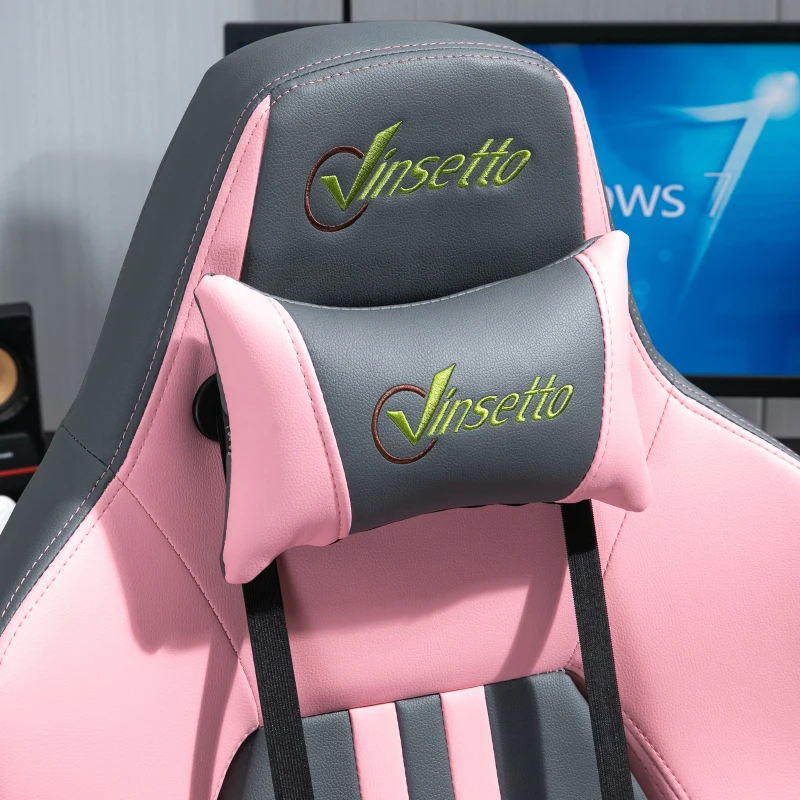 Vinsetto Silla Gaming Silla para Gamers Silla de Oficna Escritorio Ergonómico Reclinable Altura Ajustable con Almohadilla Ruedas Alta Comodidad 71x58x125-133 cm Rosa y Gris