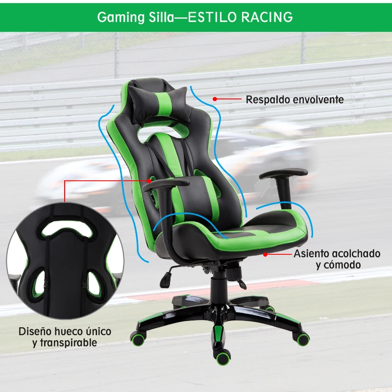 HOMCOM Silla Gaming Profesional Silla de Juego Oficina Ergonómica Estilo Deportivo Giratorio Reposacabezas y Cojín Lumbar Reclinable Altura Ajustable Cuero Sintético PU