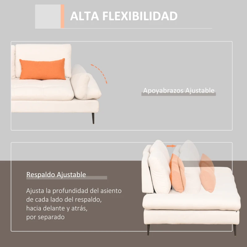 HOMCOM Sofá de 3 Plazas Convertible en Cama Individual con Respaldo Regulable y Reposabrazos Abatible 2 Almohadas Lumbar Acolchado Patas de Metal 213x112x83 cm Beige
