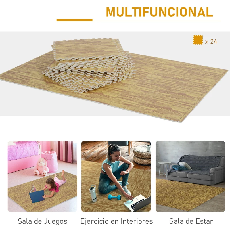 HOMCOM Alfombra Puzzle para Niños o Gimnasio de Goma Espuma EVA  8,64㎡ Color madera