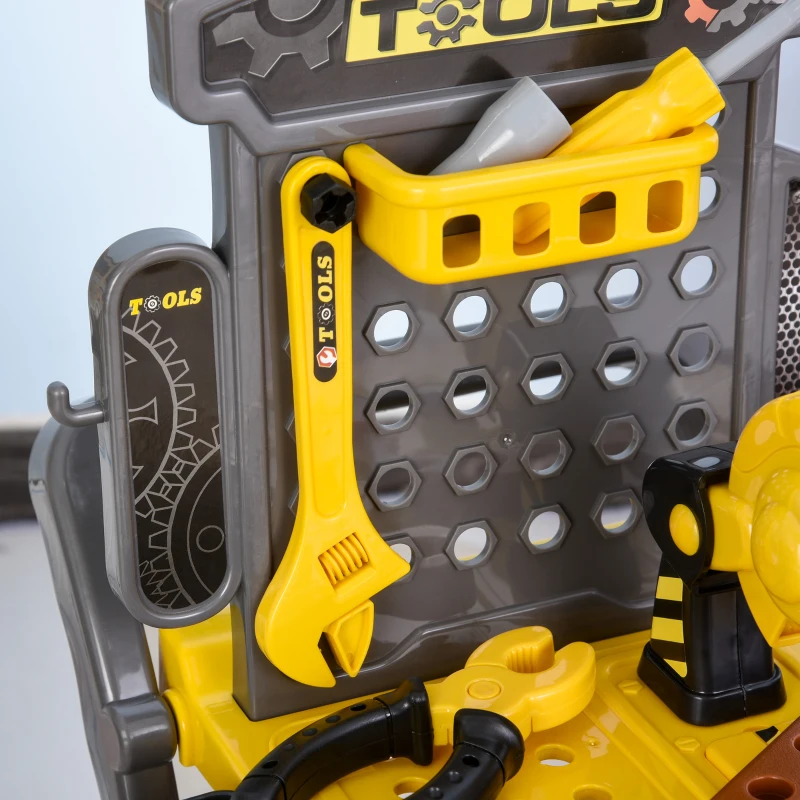 HOMCOM Banco de Herramientas Diseño 3 en 1 para Niños Mayores de 3 Años Juego de Imitación Infantil 60 Piezas 59,7x47x42,5 cm Amarillo y Negro